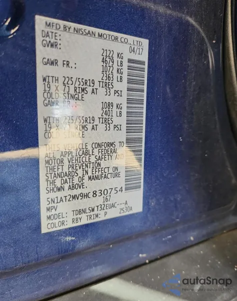 2017 Nissan Rogue Sv z USA, uszkodzony, nr VIN 5N1AT2MV9HC830754